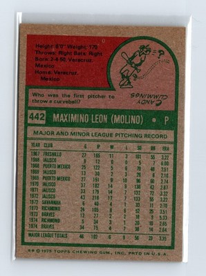 1975 Topps Baseball - SET BREAK - #442 Max Leon (RC) - Image 2