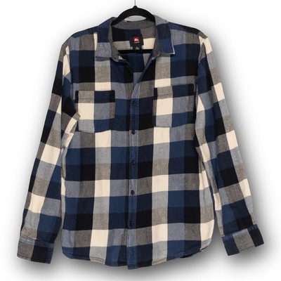 Quiksilver Flannel Button Down Shirt Men's Large Blue Plaid Long Sleeve Excellen