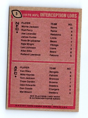 1977 Topps #5 1976 NFL Interception Leaders (Jackson / Riley) NFL - Set Break - Image 2