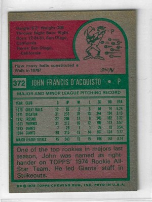 1975 Topps MINI Baseball - SET BREAK - John D'acquisto #372 - Image 2
