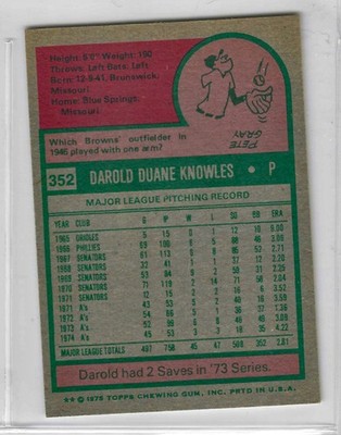1975 Topps MINI Baseball - SET BREAK - Darold Knowles #352 - Image 2