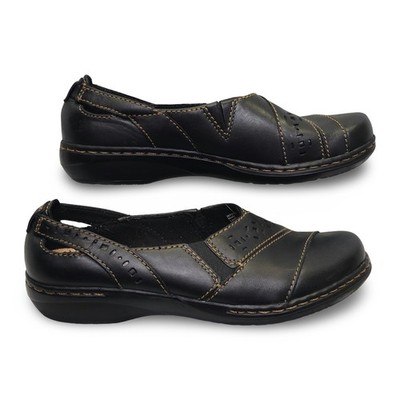 Clarks Loafers Women 6.5M Black Leather Slip On Laser Cut Good Condition