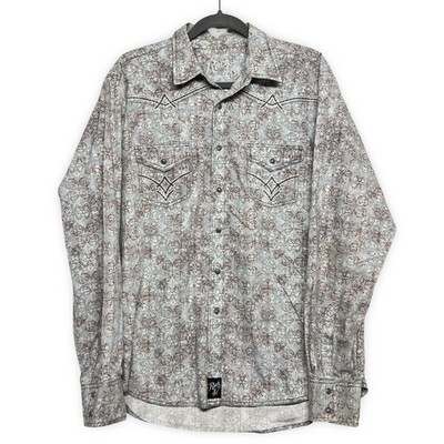 Rock 47 Wrangler Western Snap Shirt Medium Grey Paisley Cowboy Good