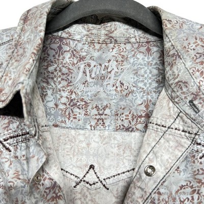 Rock 47 Wrangler Western Snap Shirt Medium Grey Paisley Cowboy Good - Image 5