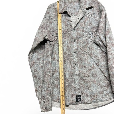 Rock 47 Wrangler Western Snap Shirt Medium Grey Paisley Cowboy Good - Image 6