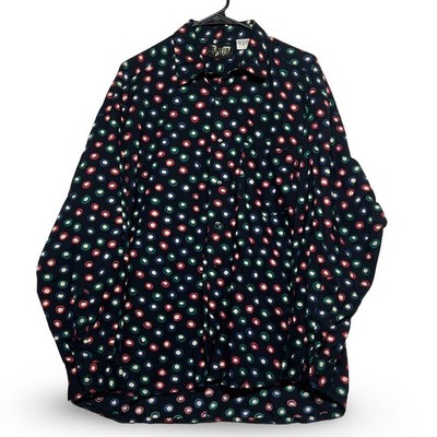 Vintage Fluid Mens Button Down Shirt Medium Black Polka Dot Cotton Excellent