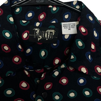 Vintage Fluid Mens Button Down Shirt Medium Black Polka Dot Cotton Excellent - Image 3