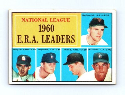 1961 Topps #45 National League 1960 E.R.A. Leaders McCormick Drysdale Williams