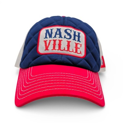 Vintage Nashville Quilted Trucker Hat Blue Red White Mesh Tennessee Flag GOOD