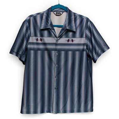Vintage Triumph of California Bowling Shirt Mens L Blue Gray Striped Excellent