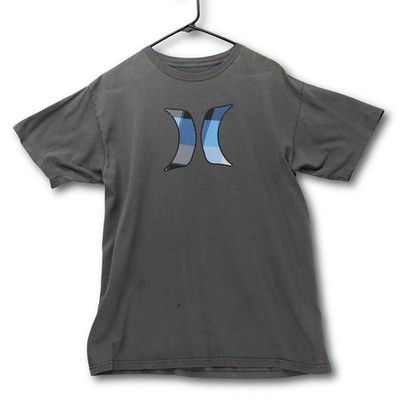 Vintage Y2K Hurley Graphic T-Shirt Mens Medium Charcoal Grey Plaid Logo Good
