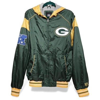 Vintage Green Bay Packers NFL Windbreaker Jacket Hooded Green Gold Men L