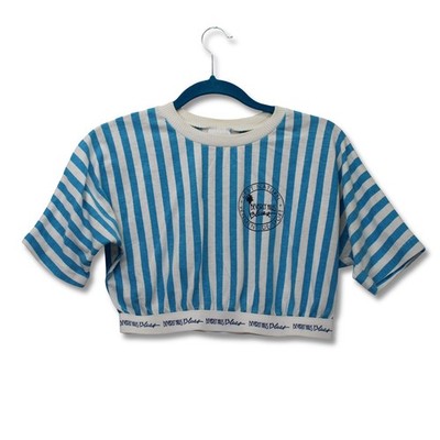 Vintage Beverly Hills Blues Striped Crop Top Womens Large Blue White Excellent