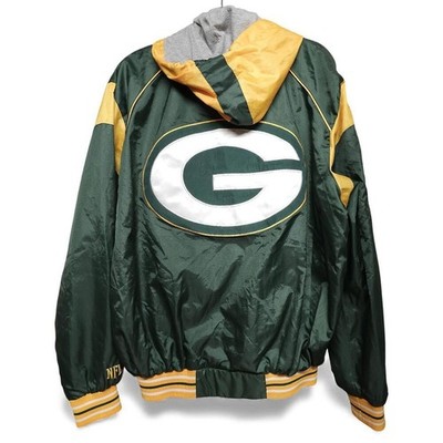 Vintage Green Bay Packers NFL Windbreaker Jacket Hooded Green Gold Men L - Image 5