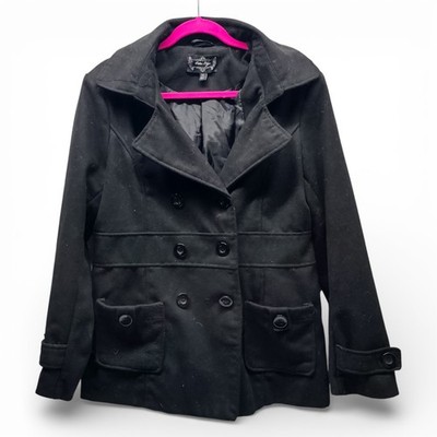 Pea Coat Womens XL Black Outer Edge Hooded Double Breasted Wool Jacket