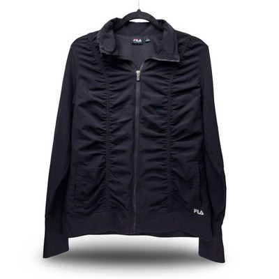 Fila Sport Track Jacket Womens Large Black Ruched Front Zip Up Excellent
