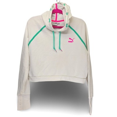 Puma Cropped Hoodie Women XL White Teal Neon Pink Excellent