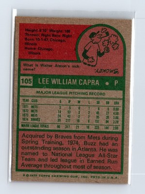 1975 Topps Baseball - SET BREAK - #105 Buzz Capra - Image 2