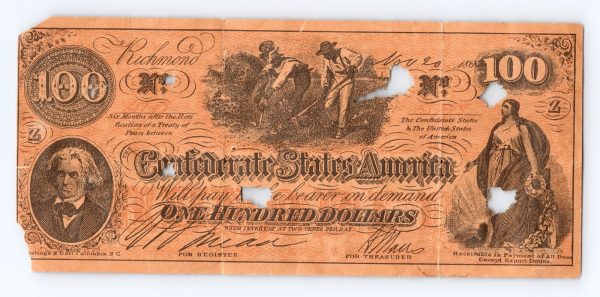 1864 $100 Confederate States of America Note T-65 6