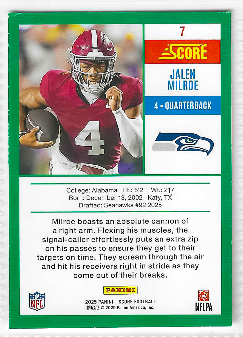 2025 Score - Anniversary Rookies - Jalen Milroe #7 (RC) - Image 2