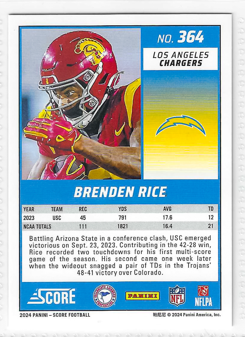 2024 Score RED - Rookies Brenden Rice #364 (RC) - Image 2