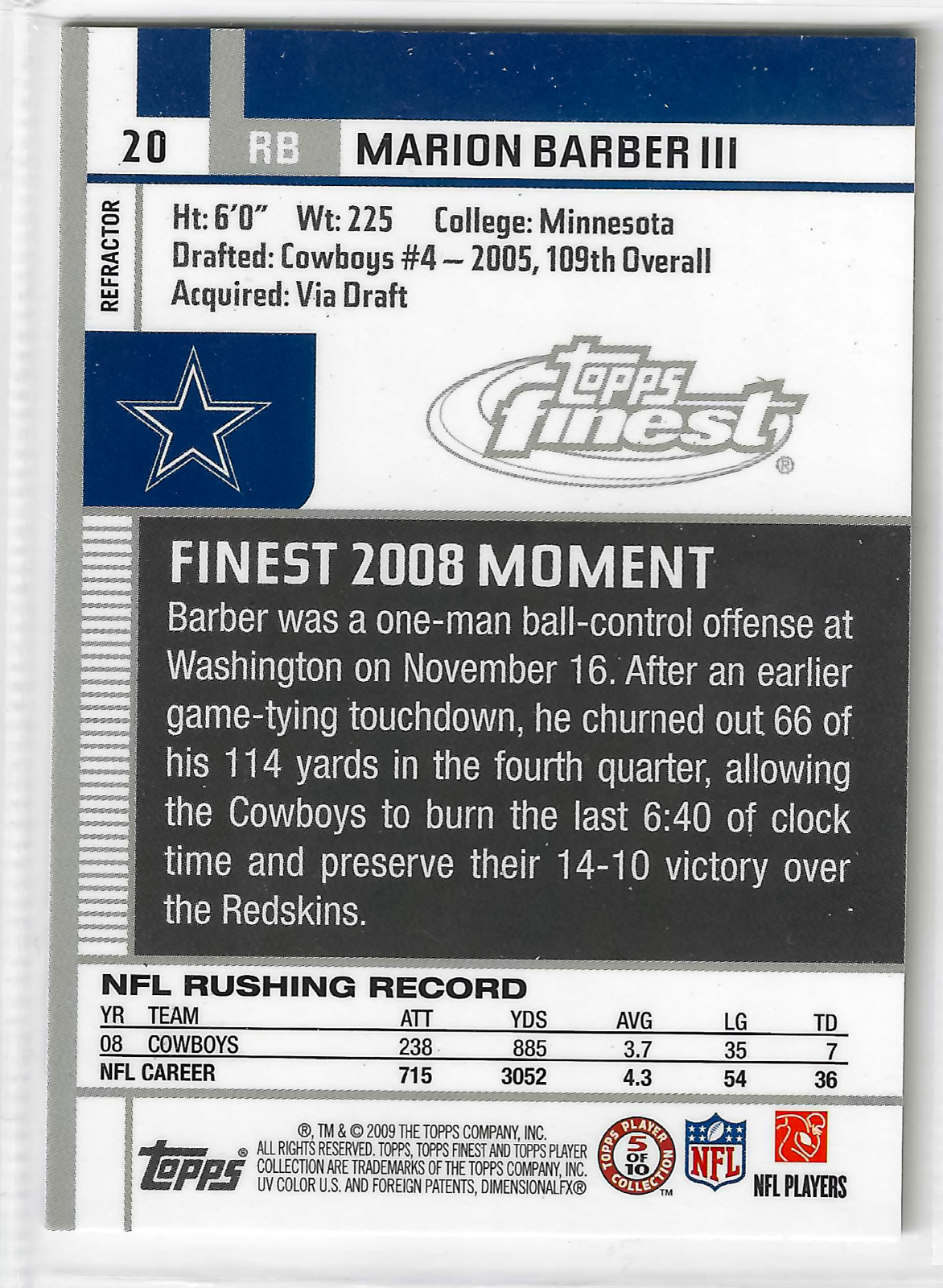 2009 Topps Finest Blue Refractor /429 Marion Barber III #20 - Image 2