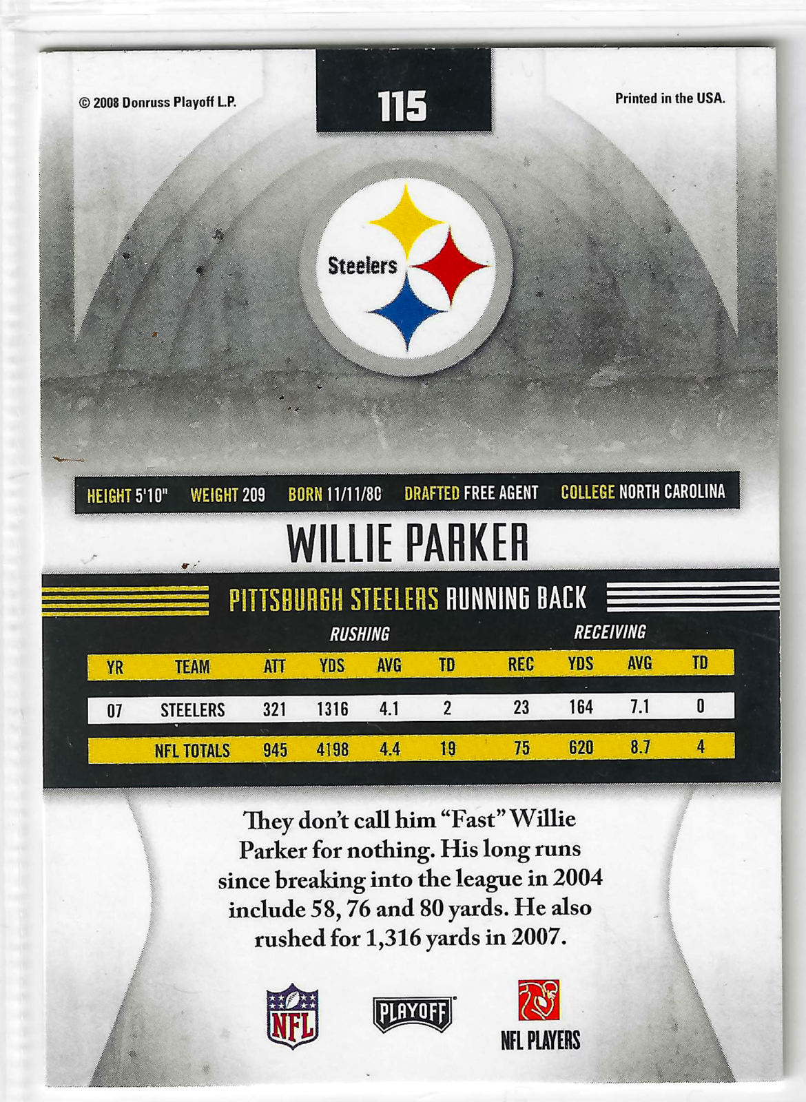 2008 Playoff Absolute Memorabilia - Willie Parker #115 - Image 2