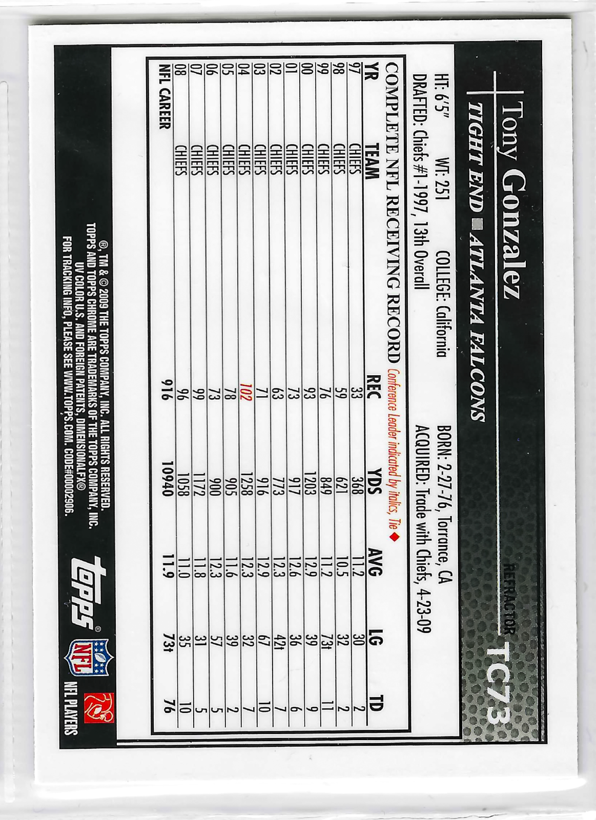 2009 Topps Chrome - Tony Gonzalez #TC73 Refractor - Image 2