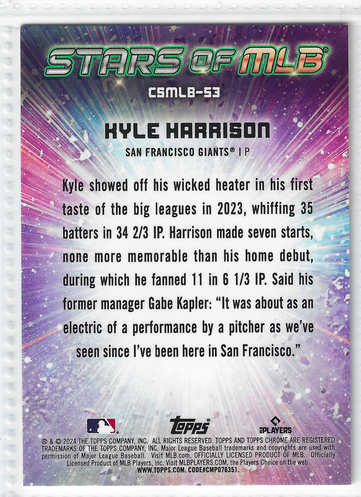 2024 Topps Series 2 - Stars of Mlb Chrome Kyle Harrison #CSMLB-53 (RC) - Image 2