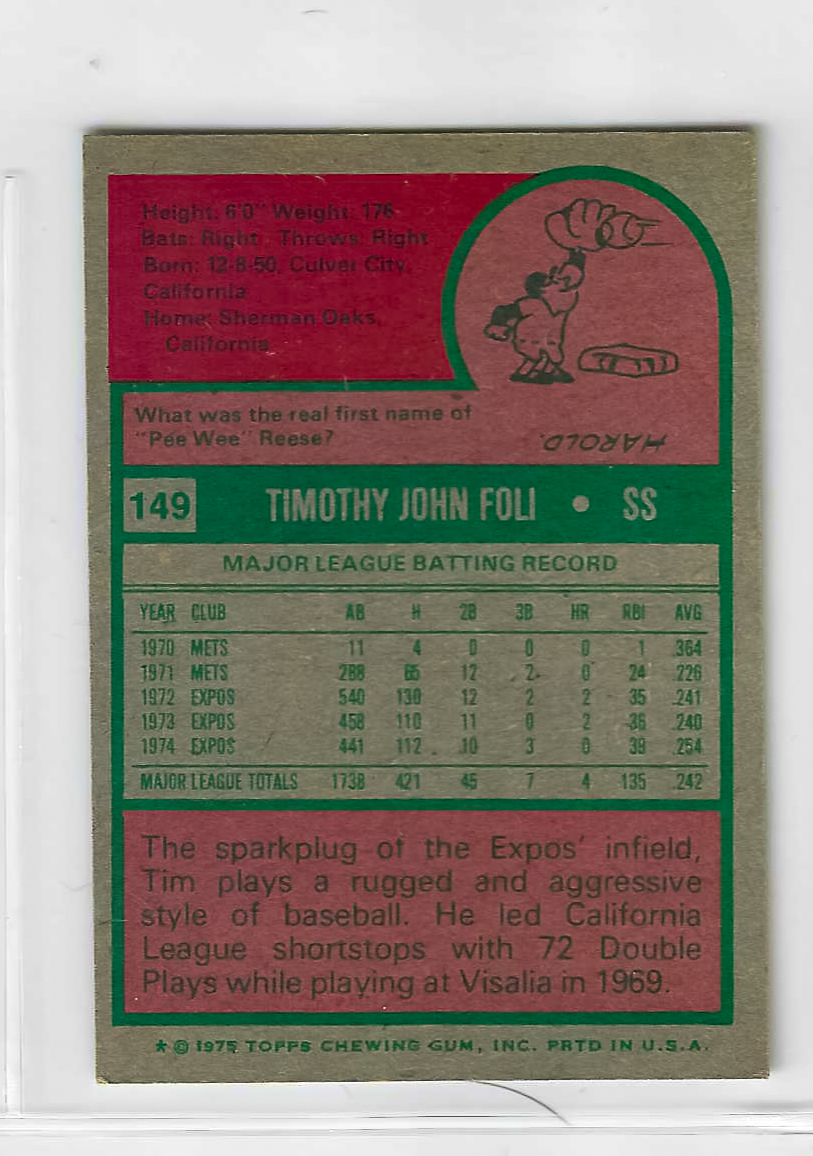 1975 Topps MINI Baseball - SET BREAK - Tim Foli #149 - Image 2