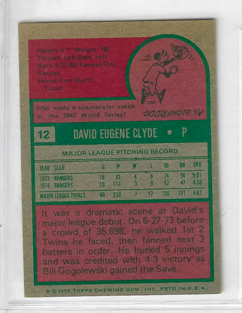1975 Topps MINI Baseball - SET BREAK - David Clyde #12 - Image 2