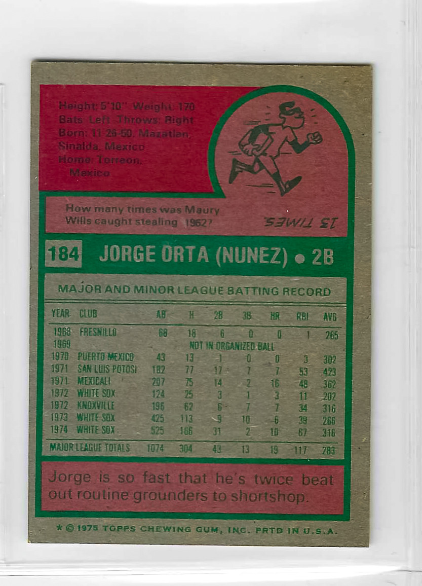 1975 Topps MINI Baseball - SET BREAK - Jorge Orta #184 - Image 2