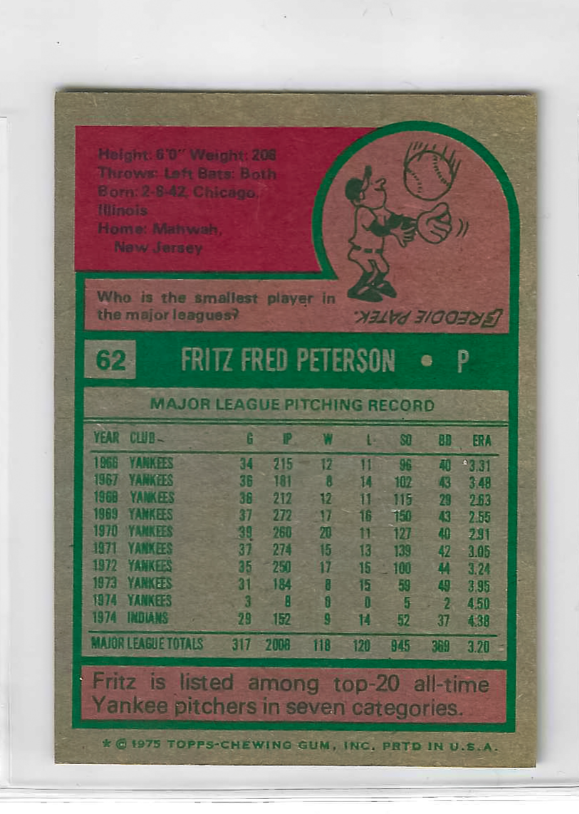 1975 Topps MINI Baseball - SET BREAK - Fritz Peterson #62 - Image 2