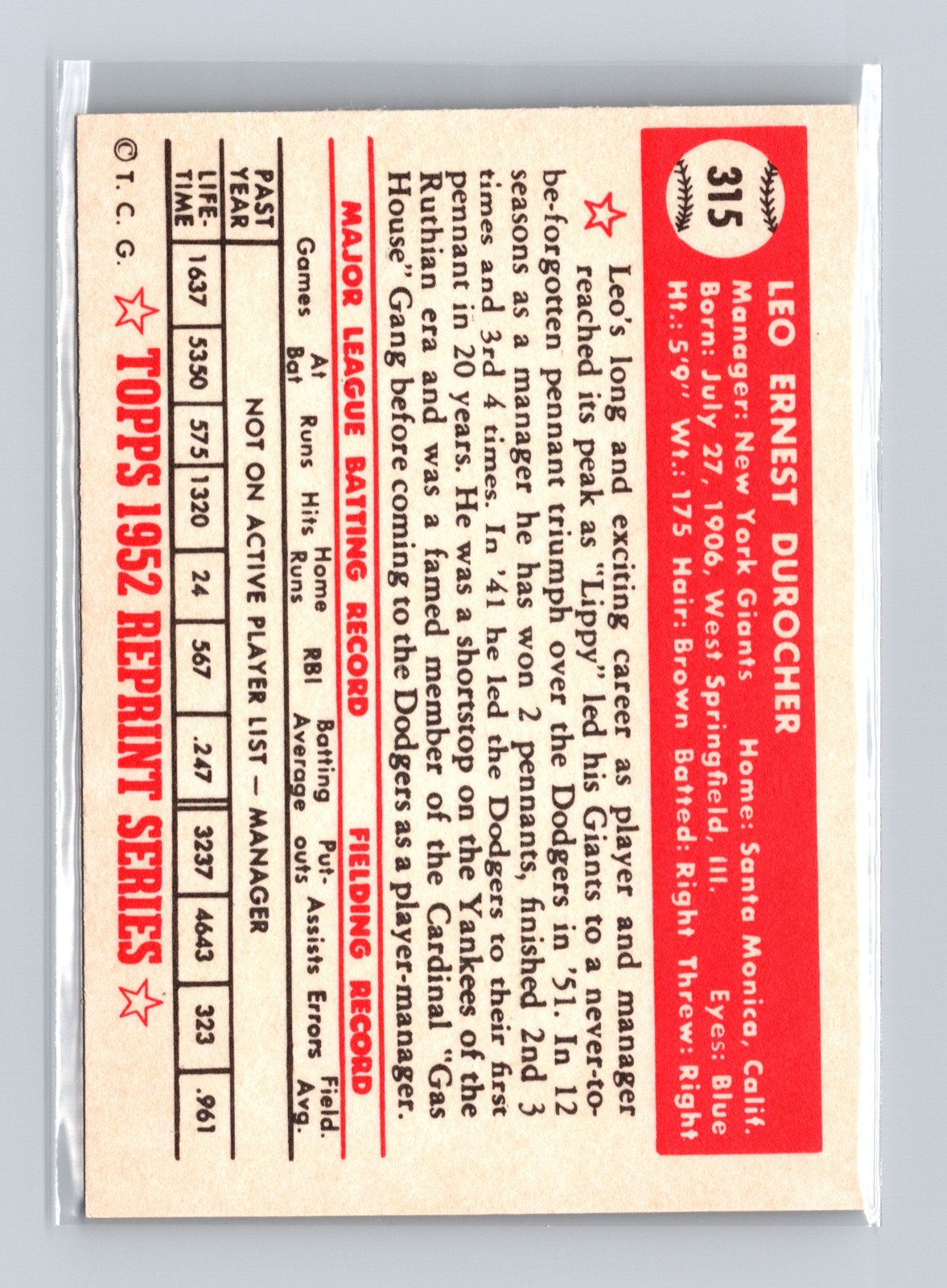 1952 Topps Reprint - Leo Durocher #315 - Image 2