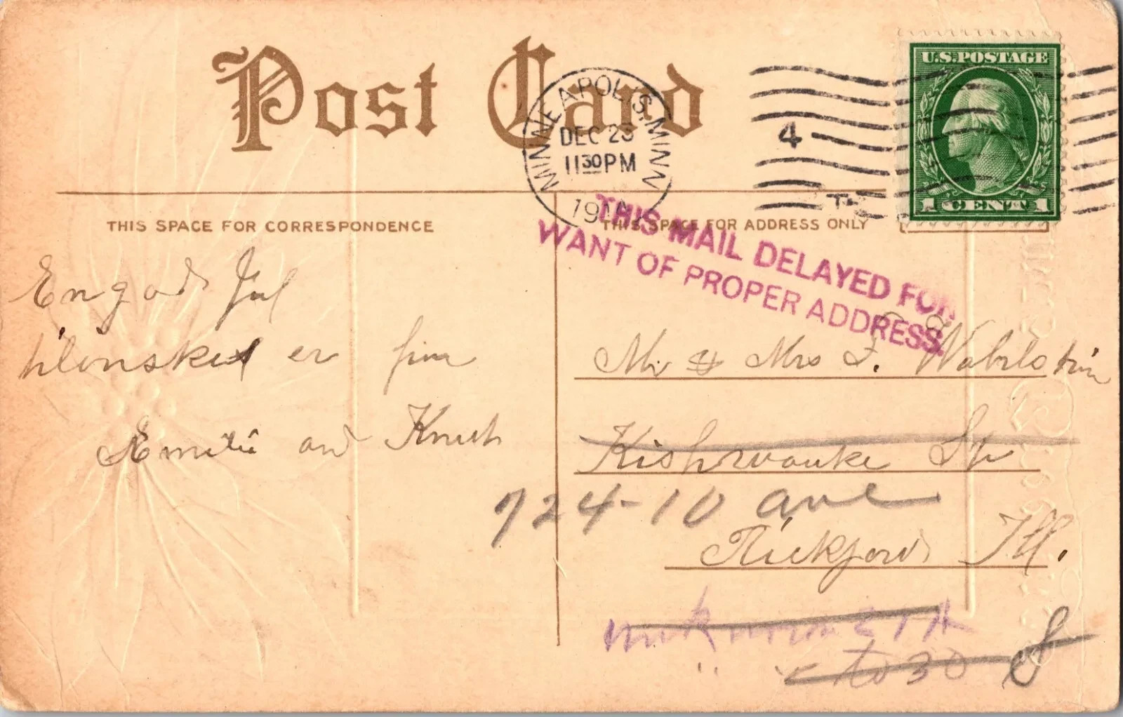 1914 Antique Christmas Postcard - Hand Written Message - One 1 Cent Stamp USA - Image 2