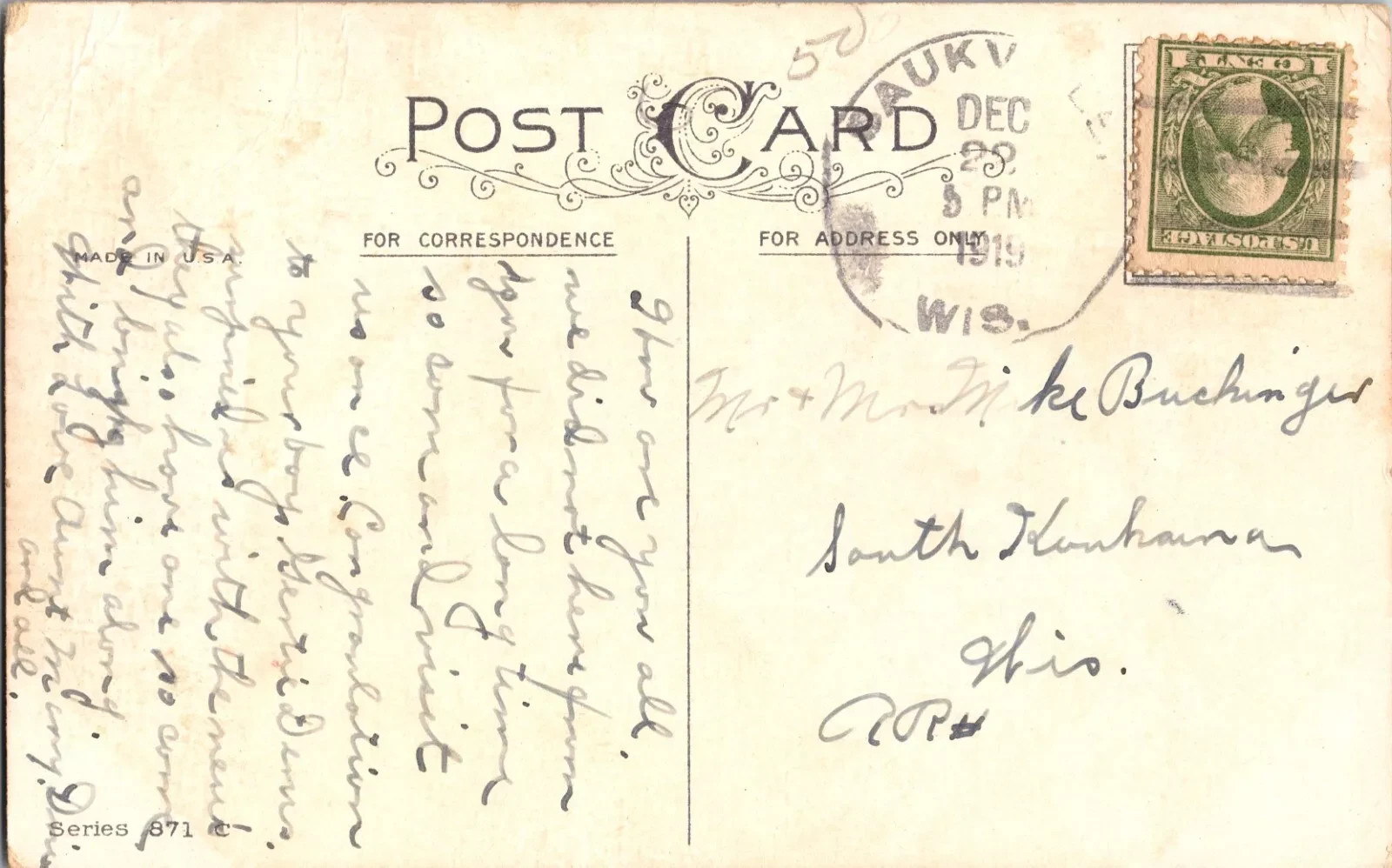 1919 Antique Christmas Postcard - Hand Written Message - One 1 Cent Stamp USA - Image 2