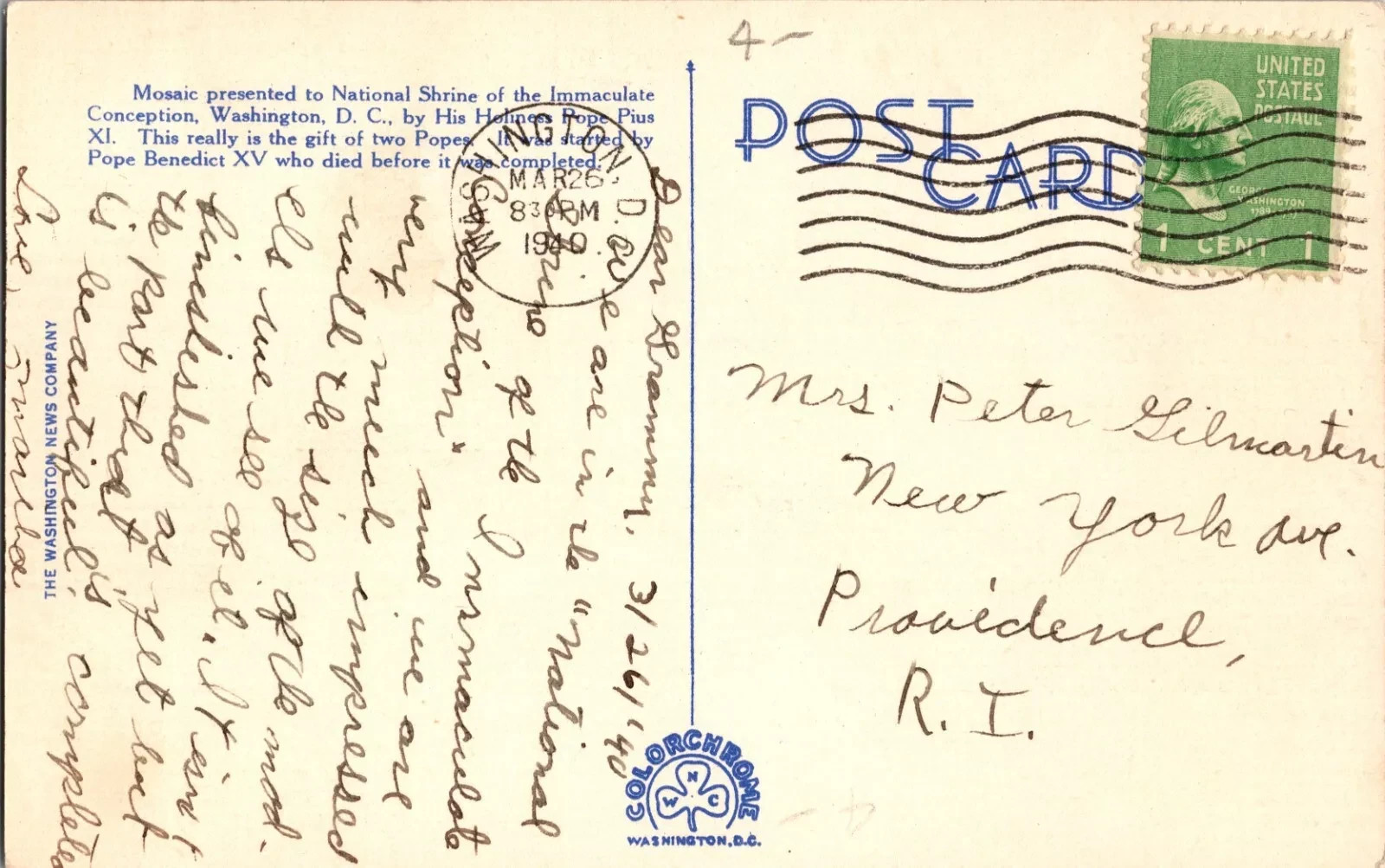 1940 Antique Religious Postcard - Hand Written Message - One 1 Cent Stamp USA - Image 2