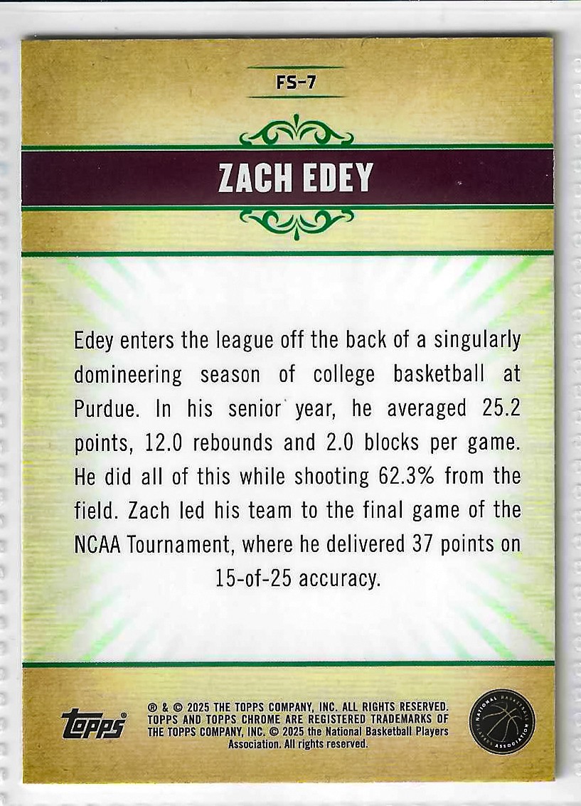 2024-25 Topps Chrome #FS-7 Zach Edey Fresh Start Refractor Rookie (56E) - Image 2