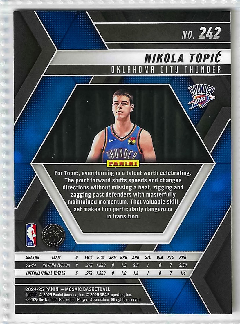 2024-25 Panini Mosaic - Rookies Nikola Topic #242 (RC) - Image 2