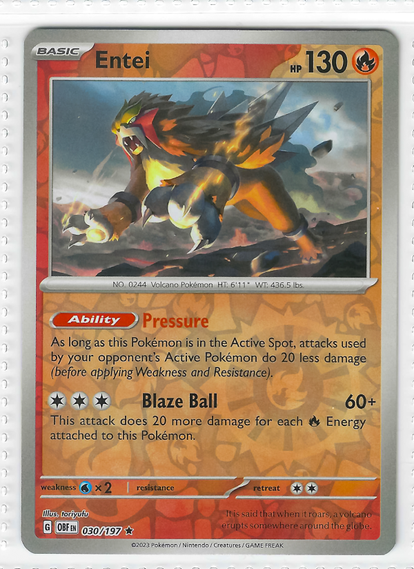 Entei Pokemon Card Obsidian Flames Holo Rare 030/197