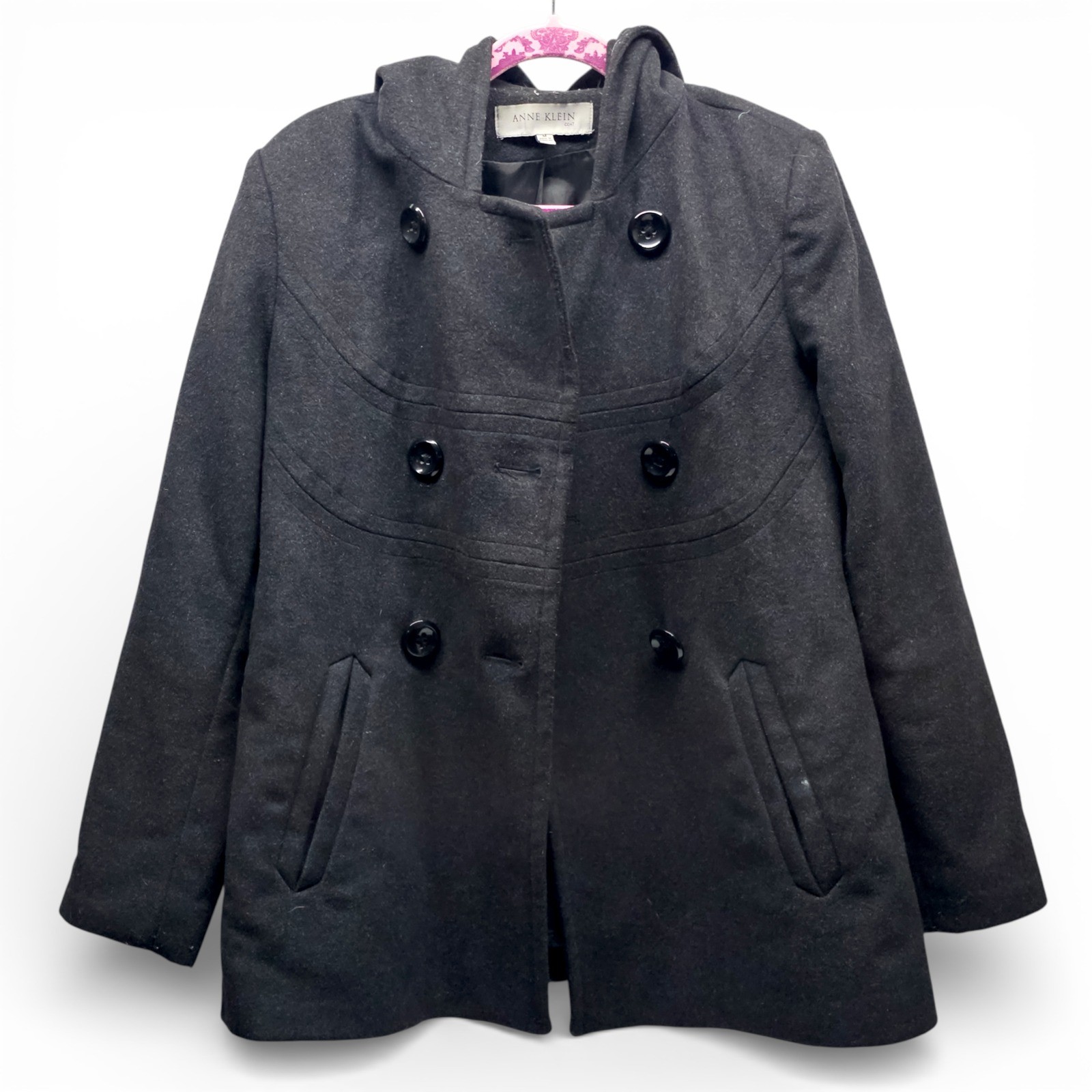 Anne Klein Coat Hooded pea coat Double-breasted hooded coat Charcoal gray M