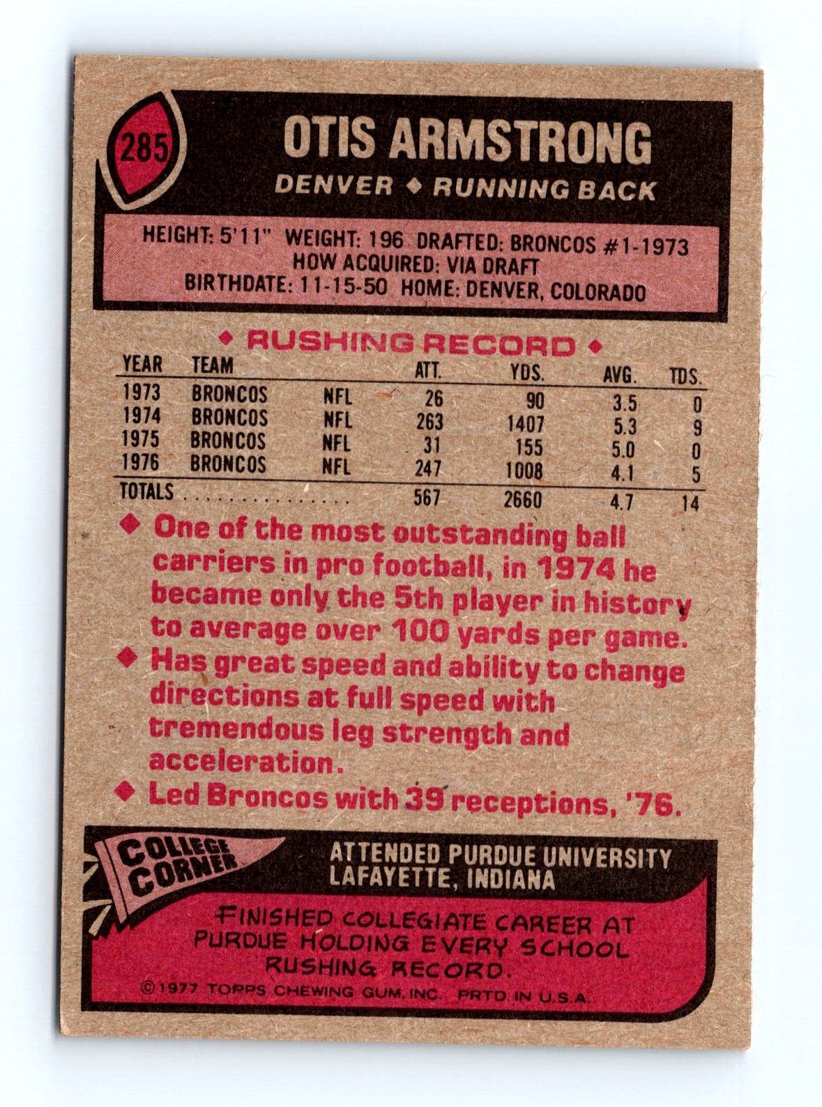1977 Topps #285 Otis Armstrong Denver Broncos NFL Football Card - Image 2