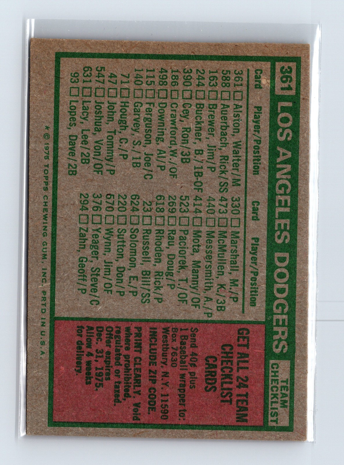 1975 Topps Baseball #361 Walter Alston Los Angeles Dodgers - Image 2