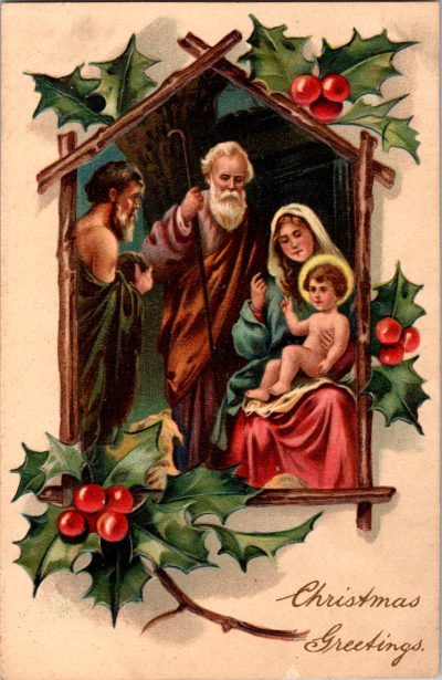 1909 Antique Christmas Postcard, handwritten message, posted with one-cent U.S. stamp