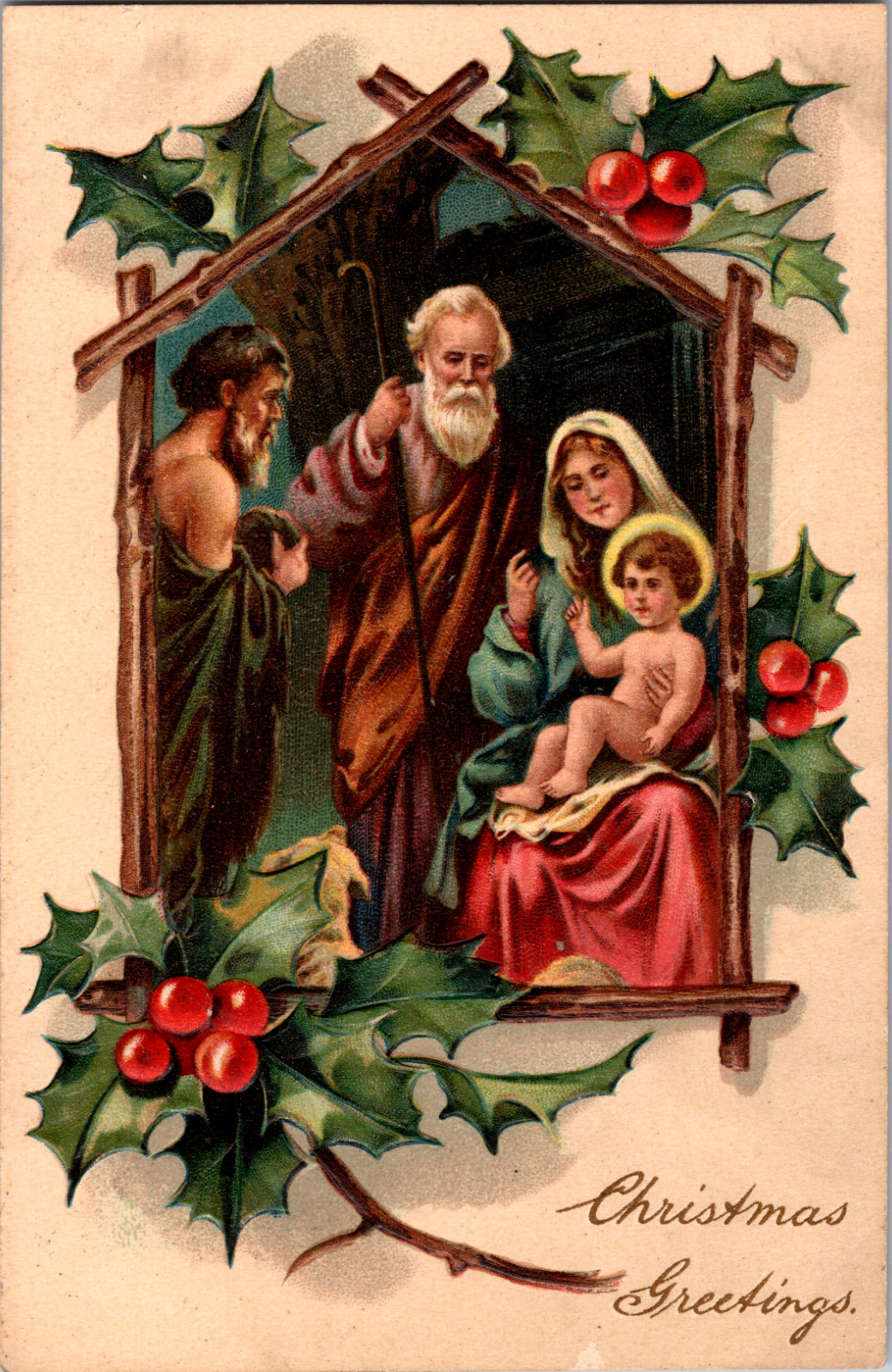 1909 Antique Christmas Postcard, handwritten message, posted with one-cent U.S. stamp