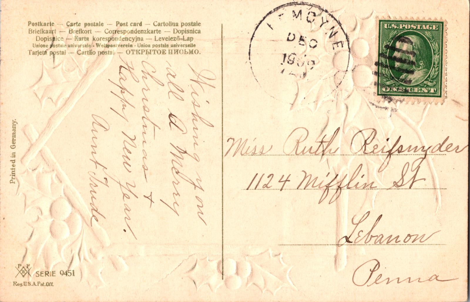 1909 Antique Christmas Postcard, handwritten message, posted with one-cent U.S. stamp - Image 2