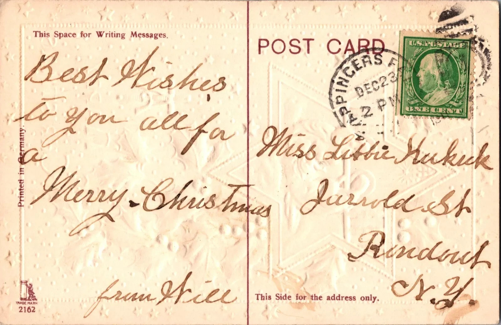 1900s Antique Christmas Postcard with Handwritten Message and One-Cent U.S. Stamp - Image 2