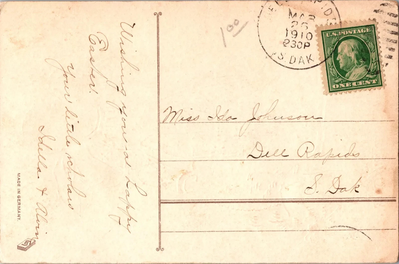 1910 Antique Easter Postcard, handwritten message, posted with one-cent U.S. stamp - Image 2