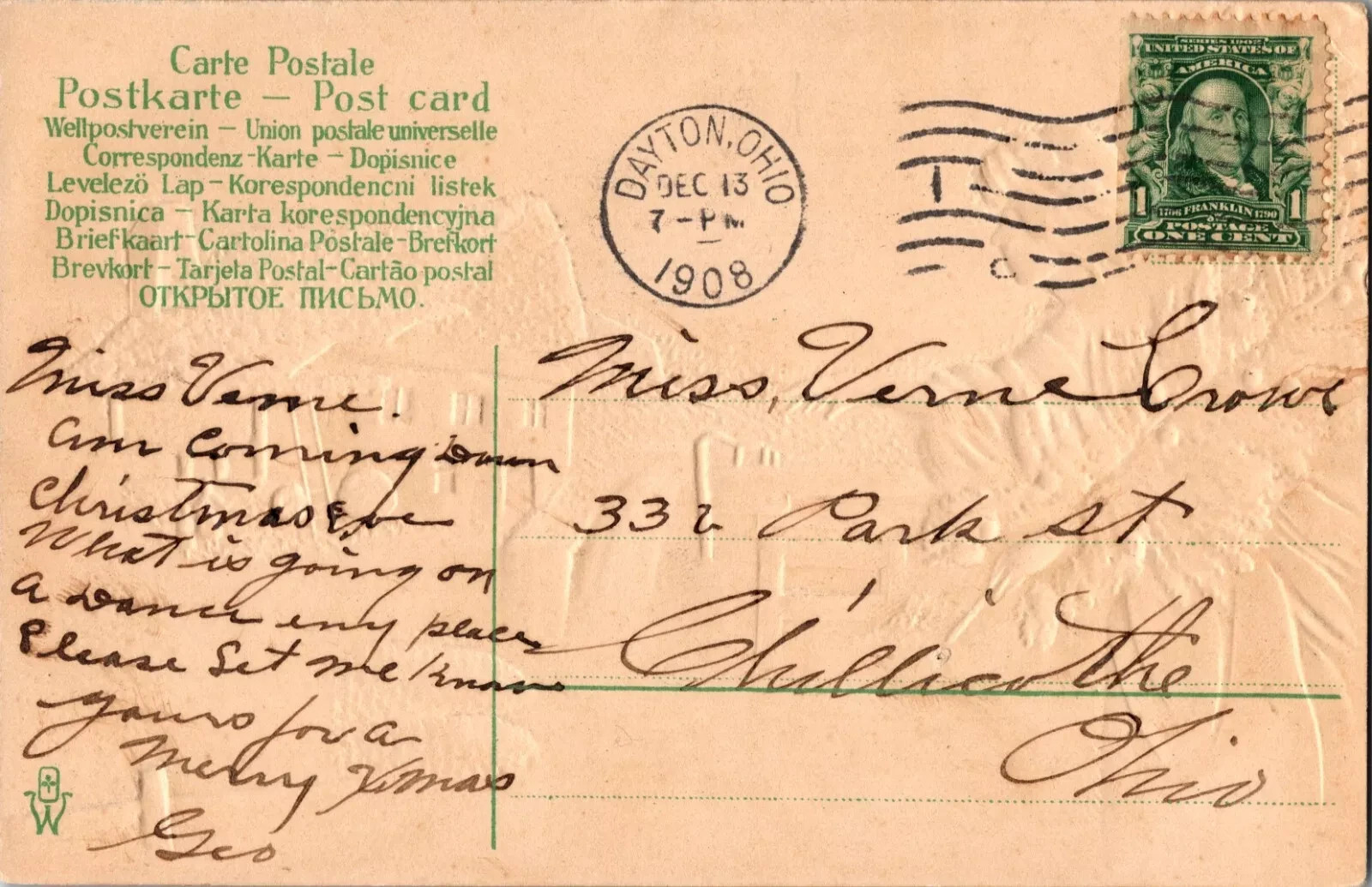 1913 Antique Christmas Postcard Handwritten Message Posted USA - Image 2
