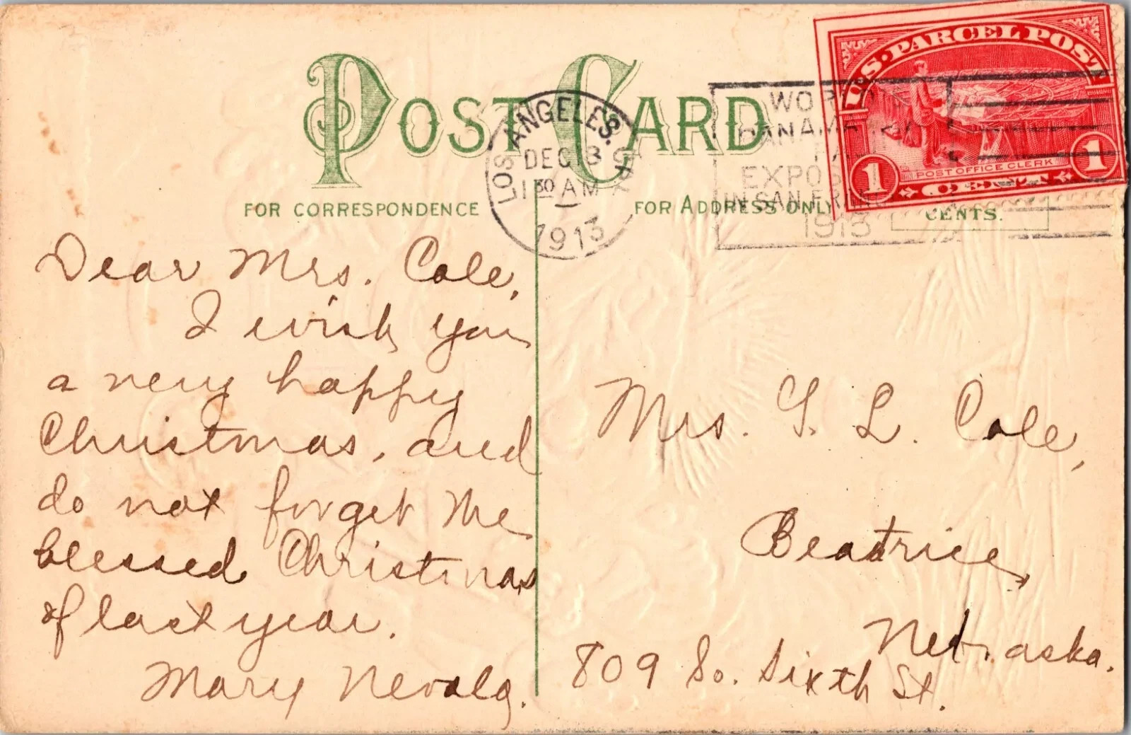 1913 Antique Christmas Postcard, Handwritten Message, U.S. 1 Cent Stamp - Image 2